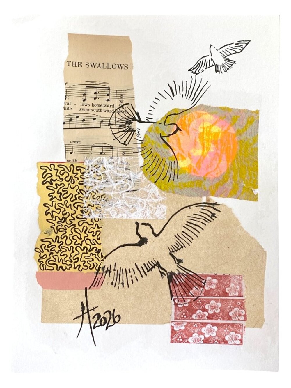 Flying High Original Bird Art Paper Collage Painting 11x14in Matted Frame Ready